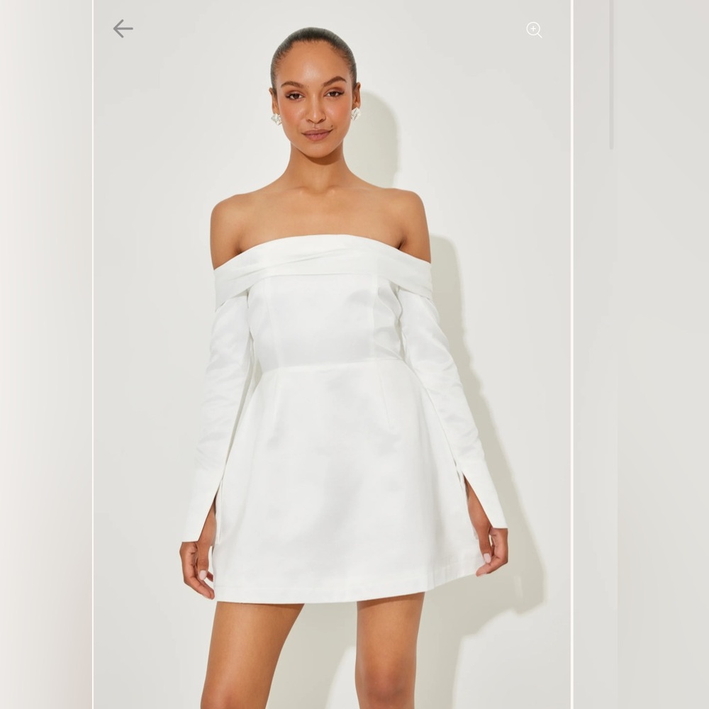 ODD MUSE Satin Bardot Mini Dress - Off-shoulder white satin long sleeve